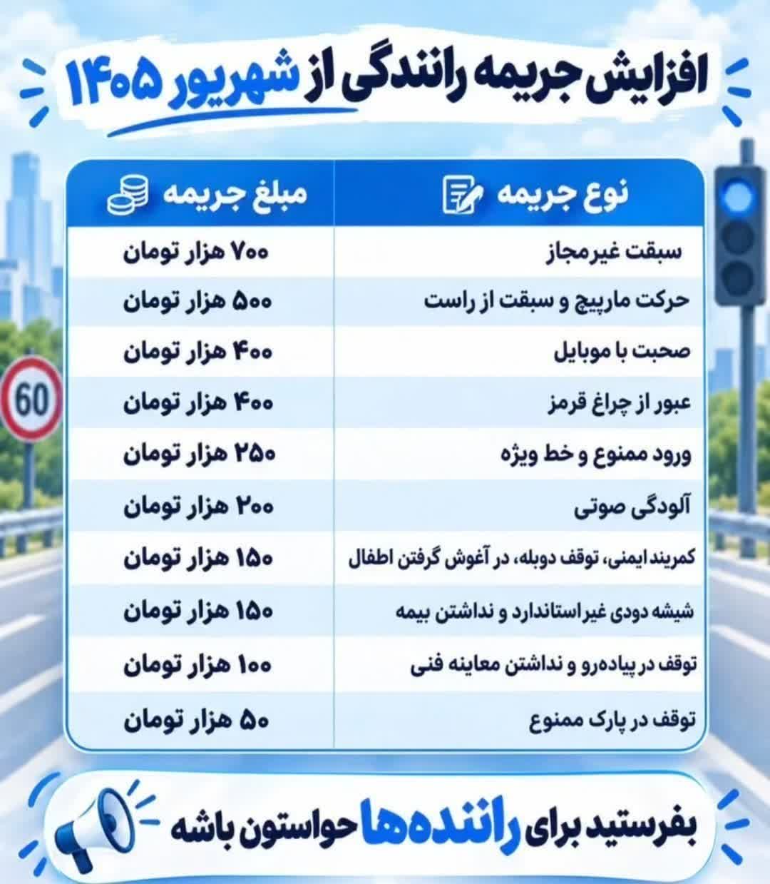 افزایش جریمه رانندگی از شهریور ۱۴۰۵ و هشدار درباره بی‌احتیاطی
