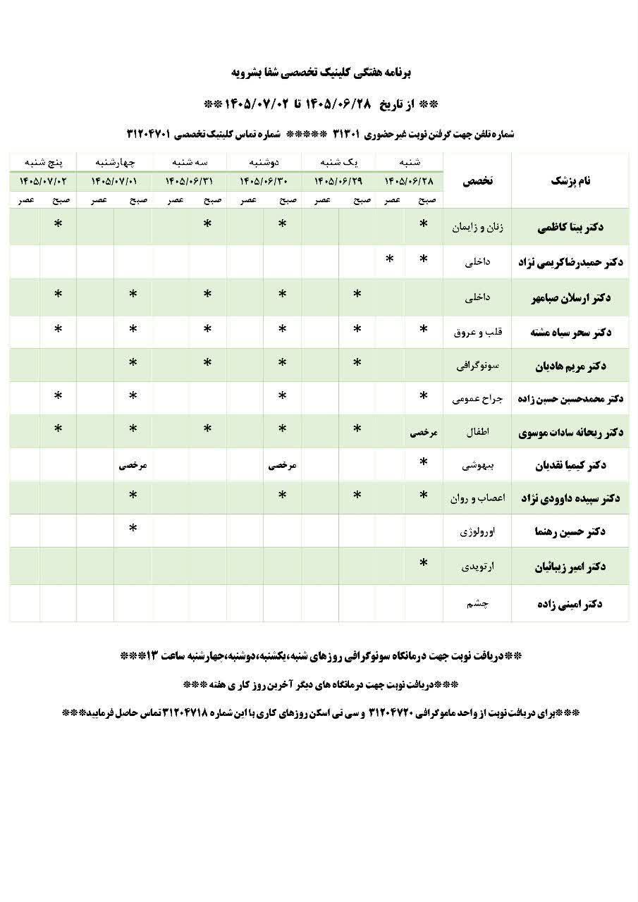 برنامه هفتگی کلینیک تخصصی شفا بشرویه