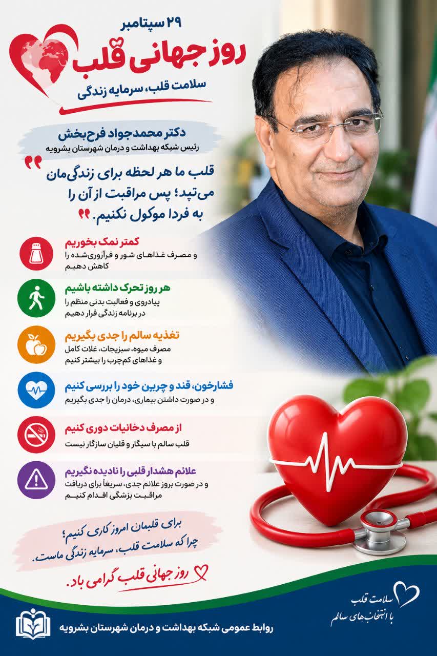 پیام رئیس شبکه بهداشت بشرویه به مناسبت روز جهانی قلب