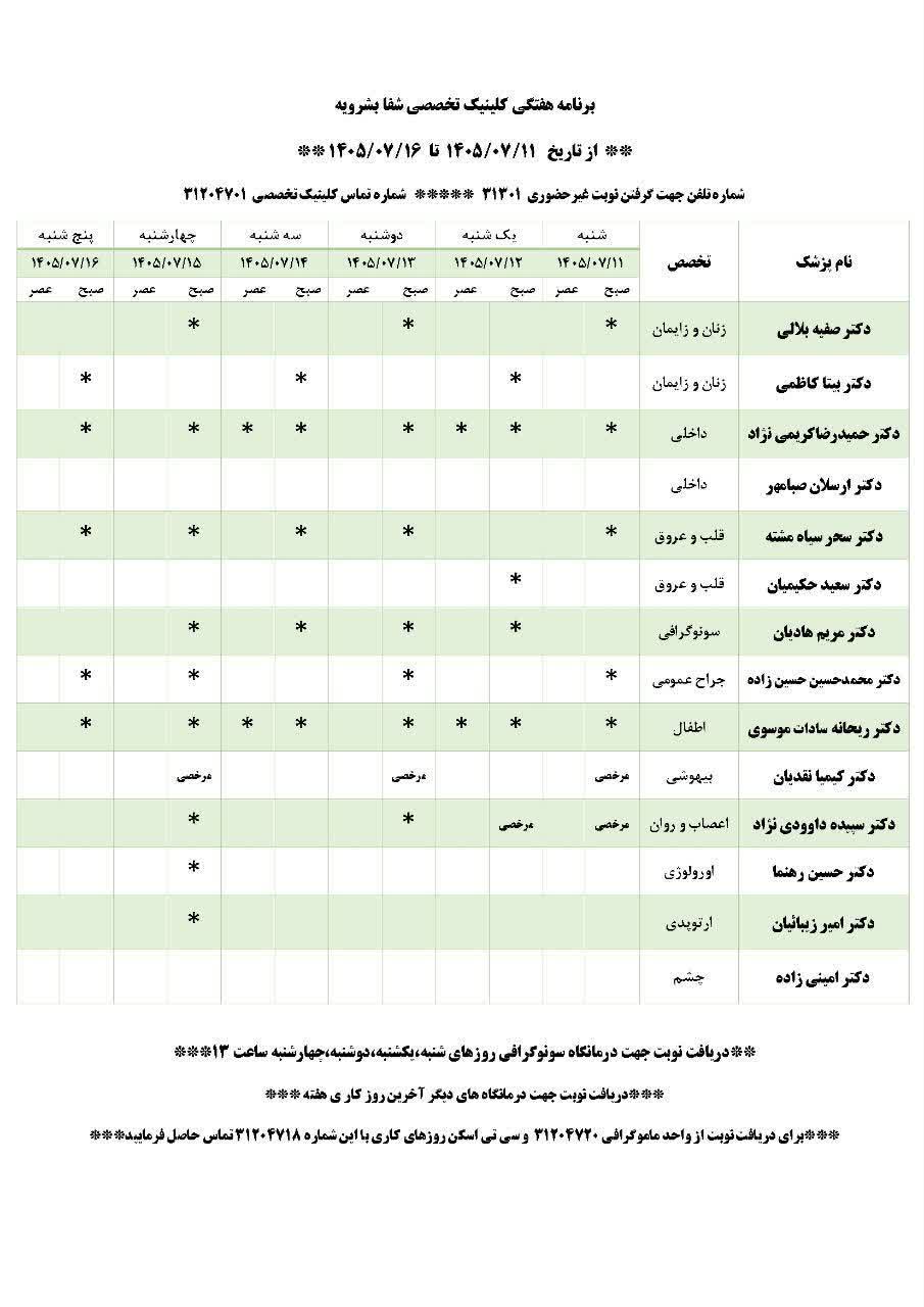 برنامه حضور پزشکان متخصص در کلینیک شفا بشرویه