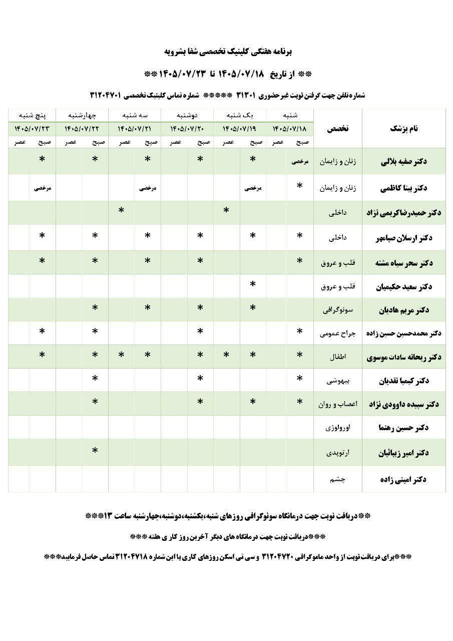 برنامه هفتگی کلینیک تخصصی شفا بشرویه از ۱۸ تا ۲۳ مهر ۱۴۰۵